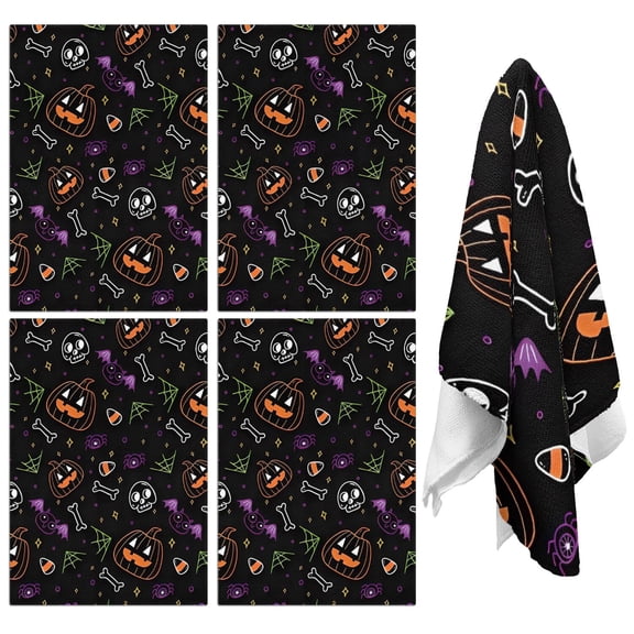 4 Pcs Funny Kitchen Towels,Colorful Halloween Icons Pattern Microfiber Dish Towels,Kitchen Tea Towels,Kitchen Towel Set (18" X 26")