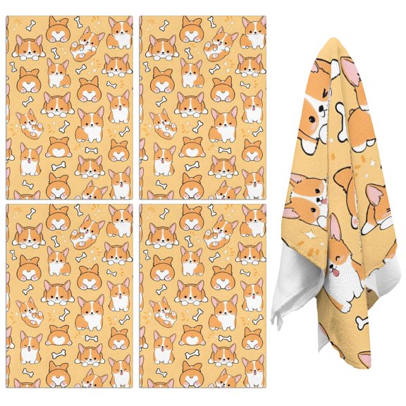 4 Pcs Funny Kitchen Towels,Corgi Dog and Footprints Microfiber Dish Towels,Kitchen Tea Towels,Kitchen Towel Set (18" X 26")