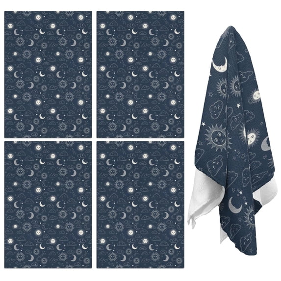 4 Pcs Funny Kitchen Towels,Dark Blue Sun Moon Cloud Pattern Microfiber Dish Towels,Kitchen Tea Towels,Kitchen Towel Set (18" X 26")