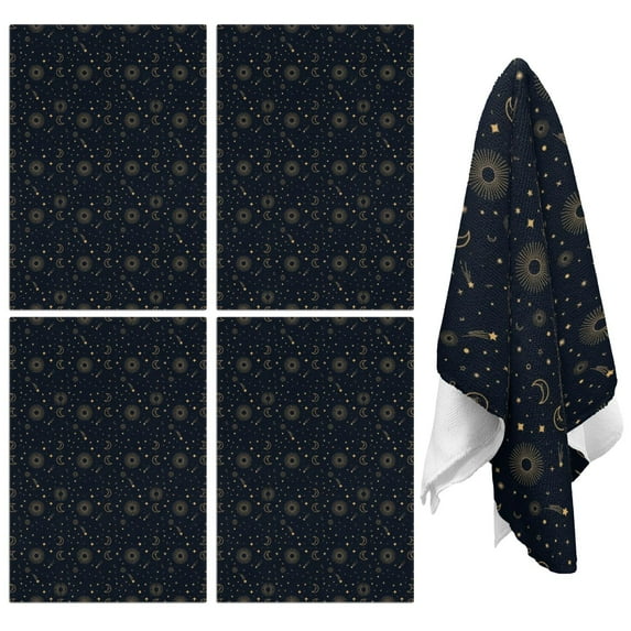 4 Pcs Funny Kitchen Towels,Dark Blue Sun Moon Star Pattern Microfiber Dish Towels,Kitchen Tea Towels,Kitchen Towel Set (18" X 26")