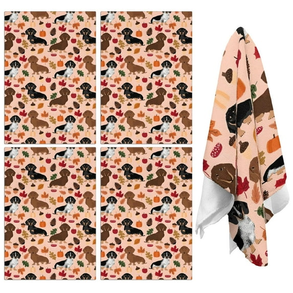 4 Pcs Funny Kitchen Towels,Fall Dachshund and Pumpkin Microfiber Dish Towels,Kitchen Tea Towels,Kitchen Towel Set (18" X 26")