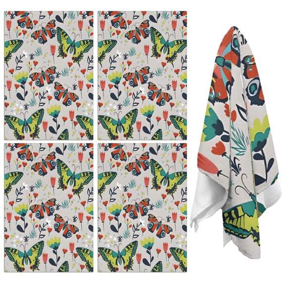 4 Pcs Funny Kitchen Towels,Gray Red Flower Butterfly Pattern Microfiber Dish Towels,Kitchen Tea Towels,Kitchen Towel Set (18" X 26")
