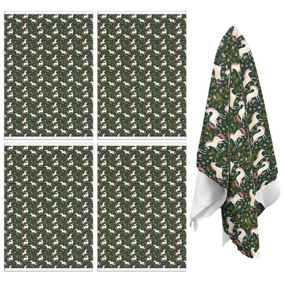4 Pcs Funny Kitchen Towels,Green Cartoon Unicorn Floral Pattern Microfiber Dish Towels,Kitchen Tea Towels,Kitchen Towel Set (18" X 26")