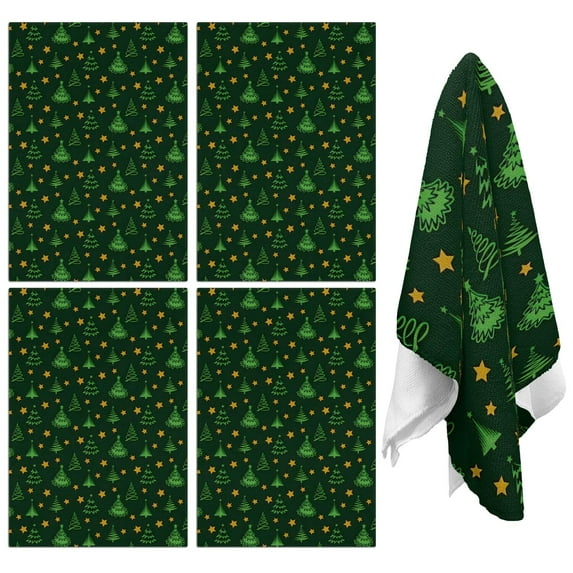 4 Pcs Funny Kitchen Towels,Green Christmas Tree and Star Pattern Microfiber Dish Towels,Kitchen Tea Towels,Kitchen Towel Set (18" X 26")