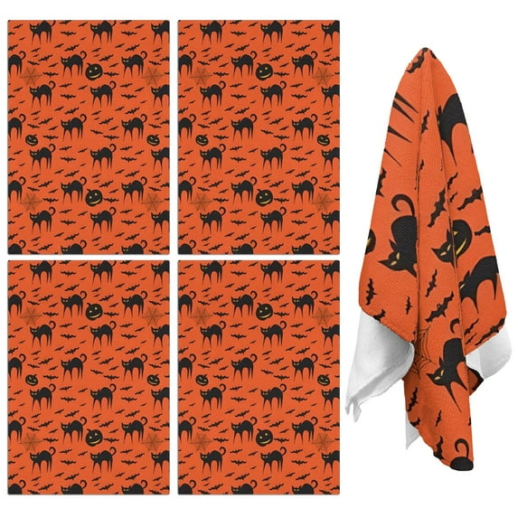 4 Pcs Funny Kitchen Towels,Halloween Cat & Bat Pattern Microfiber Dish Towels,Kitchen Tea Towels,Kitchen Towel Set (18" X 26")