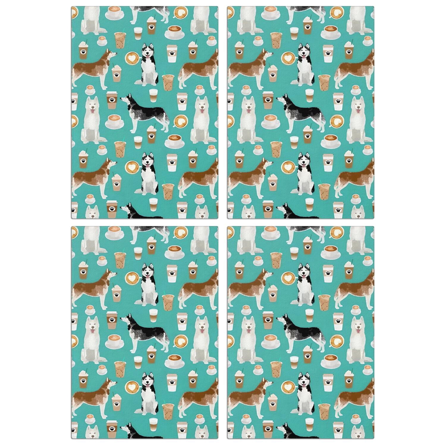 4 Pcs Funny Kitchen Towels,Husky and Coffee Microfiber Dish Towels,Kitchen Tea Towels,Kitchen Towel Set (18" X 26")