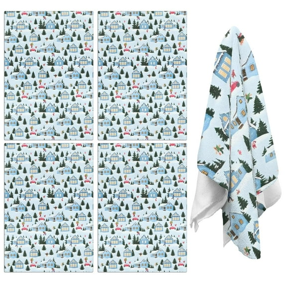 4 Pcs Funny Kitchen Towels,Light Blue Christmas House and Tree Pattern Microfiber Dish Towels,Kitchen Tea Towels,Kitchen Towel Set (18" X 26")