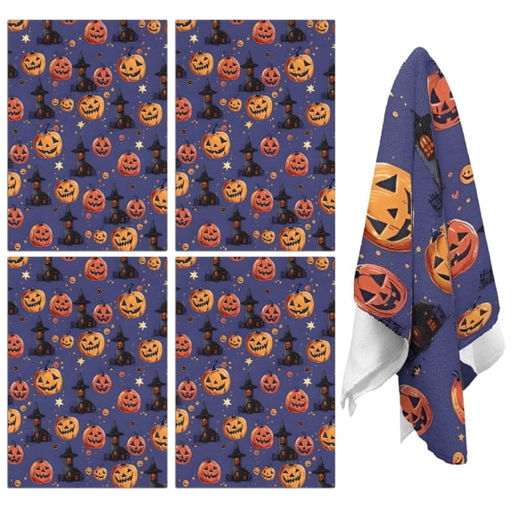 4 Pcs Funny Kitchen Towels,Magical Pumpkin Castle Halloween Pattern Microfiber Dish Towels,Kitchen Tea Towels,Kitchen Towel Set (18" X 26")