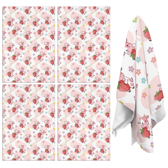 4 Pcs Funny Kitchen Towels,Pink Cow Strawberry Flower Pattern Microfiber Dish Towels,Kitchen Tea Towels,Kitchen Towel Set (18" X 26")
