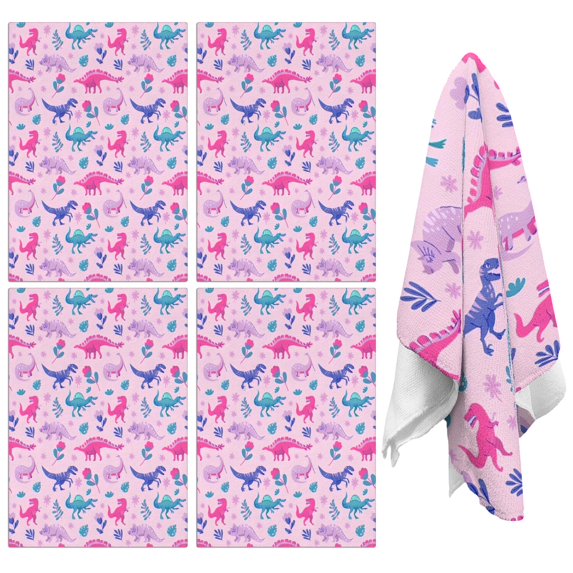 4 Pcs Funny Kitchen Towels,Pink Dinosaurs Flowers Leaves Pattern Microfiber Dish Towels,Kitchen Tea Towels,Kitchen Towel Set (18" X 26")