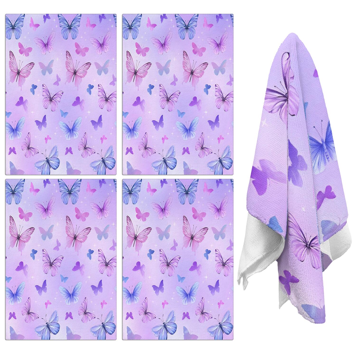 4 Pcs Funny Kitchen Towels,Purple Butterfly Pattern Microfiber Dish Towels,Kitchen Tea Towels,Kitchen Towel Set (18" X 26")