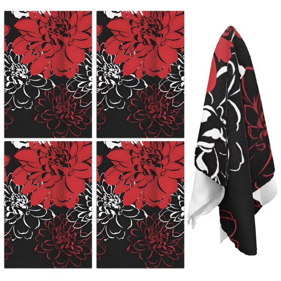 4 Pcs Funny Kitchen Towels,Red and Black Pioneer Flower Pattern Microfiber Dish Towels,Kitchen Tea Towels,Kitchen Towel Set (18" X 26")