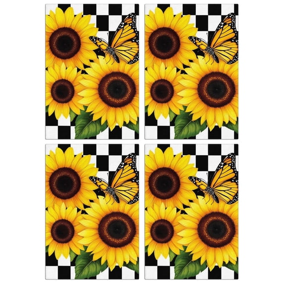 4 Pcs Funny Kitchen Towels,Sunflowers with Butterfly on Checkered Microfiber Dish Towels,Kitchen Tea Towels,Kitchen Towel Set (18" X 26")