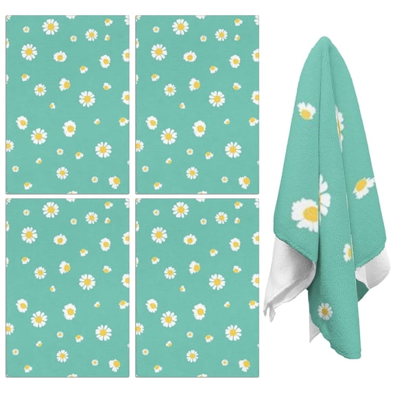4 Pcs Funny Kitchen Towels,Teal Daisy Flower Yellow Centers Pattern Microfiber Dish Towels,Kitchen Tea Towels,Kitchen Towel Set (18" X 26")