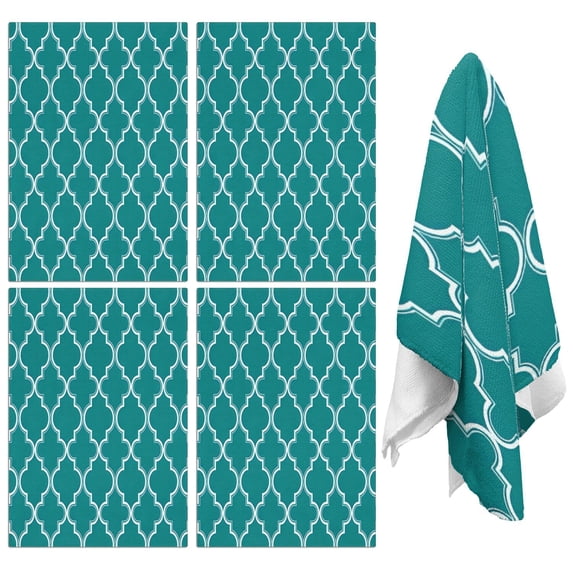 4 Pcs Funny Kitchen Towels,Teal Geometric Quatrefoil Pattern Microfiber Dish Towels,Kitchen Tea Towels,Kitchen Towel Set (18" X 26")