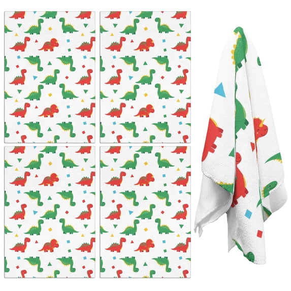 4 Pcs Funny Kitchen Towels,White Cartoon Dinosaurs Geometric Shapes Pattern Microfiber Dish Towels,Kitchen Tea Towels,Kitchen Towel Set (18" X 26")