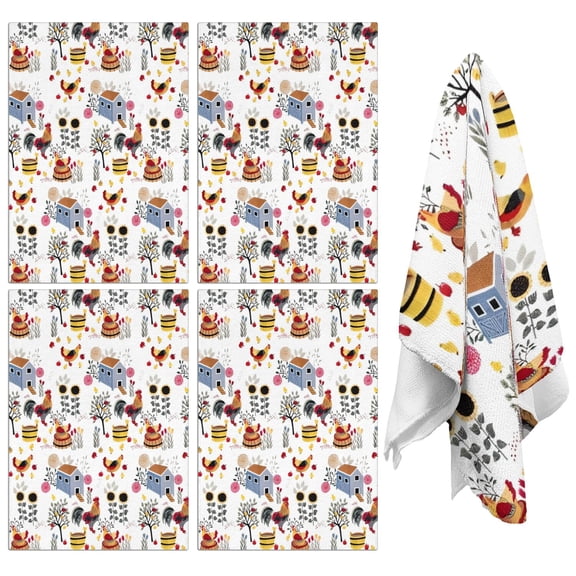 4 Pcs Funny Kitchen Towels,White Chicken Farm Pattern Microfiber Dish Towels,Kitchen Tea Towels,Kitchen Towel Set (18" X 26")