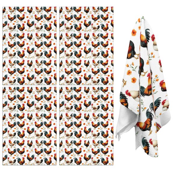 4 Pcs Funny Kitchen Towels,White Chicken Orange Flower Pattern Microfiber Dish Towels,Kitchen Tea Towels,Kitchen Towel Set (18" X 26")
