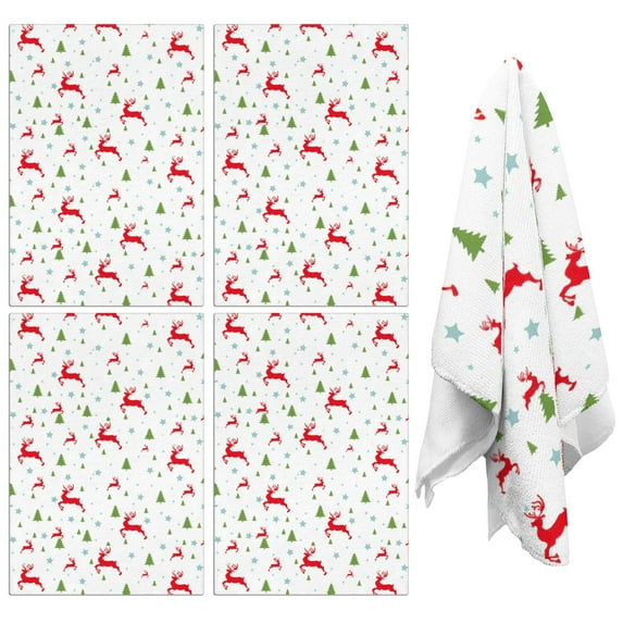 4 Pcs Funny Kitchen Towels,White Christmas Reindeer and Tree Pattern Microfiber Dish Towels,Kitchen Tea Towels,Kitchen Towel Set (18" X 26")