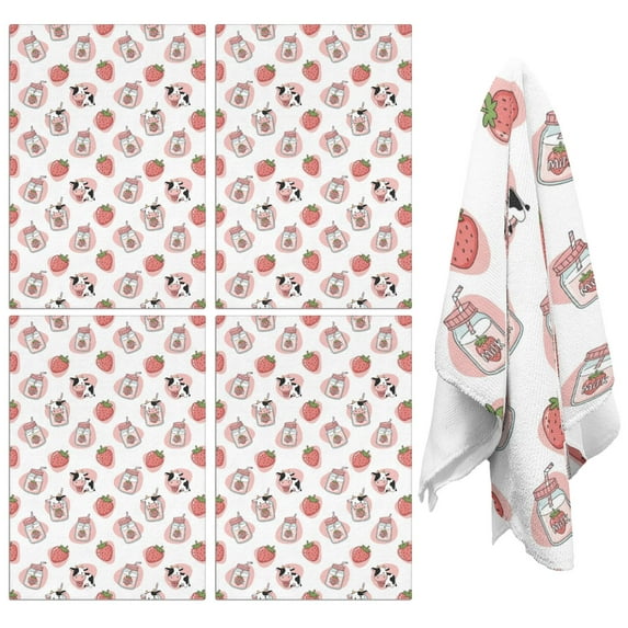 4 Pcs Funny Kitchen Towels,White Cow Strawberry Jar Pattern Microfiber Dish Towels,Kitchen Tea Towels,Kitchen Towel Set (18" X 26")