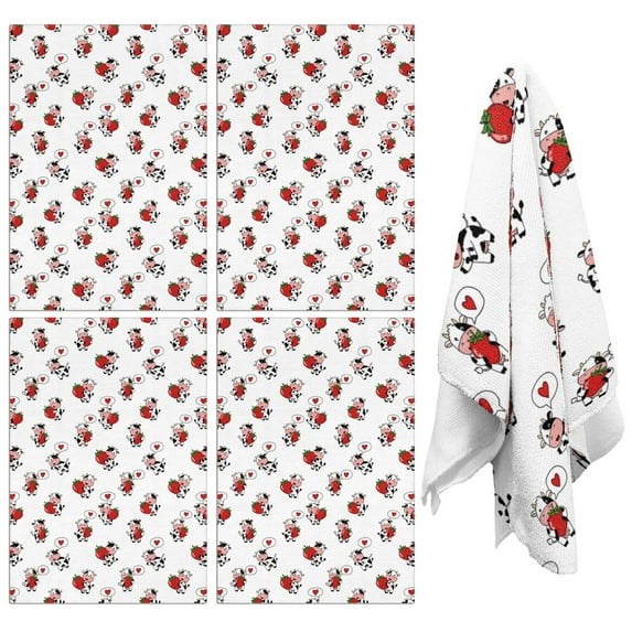 4 Pcs Funny Kitchen Towels,White Cow Strawberry Love Pattern Microfiber Dish Towels,Kitchen Tea Towels,Kitchen Towel Set (18" X 26")