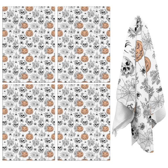 4 Pcs Funny Kitchen Towels,White Halloween Skull Pumpkin Spider Pattern Microfiber Dish Towels,Kitchen Tea Towels,Kitchen Towel Set (18" X 26")