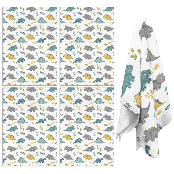 4 Pcs Funny Kitchen Towels,White ROAR Text Dinosaurs Pattern Microfiber Dish Towels,Kitchen Tea Towels,Kitchen Towel Set (18" X 26")