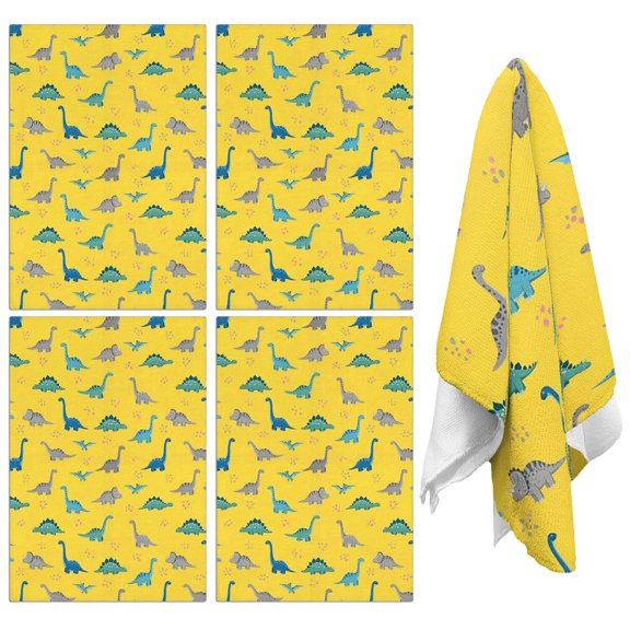 4 Pcs Funny Kitchen Towels,Yellow Cartoon Dinosaurs Pattern Microfiber Dish Towels,Kitchen Tea Towels,Kitchen Towel Set (18" X 26")
