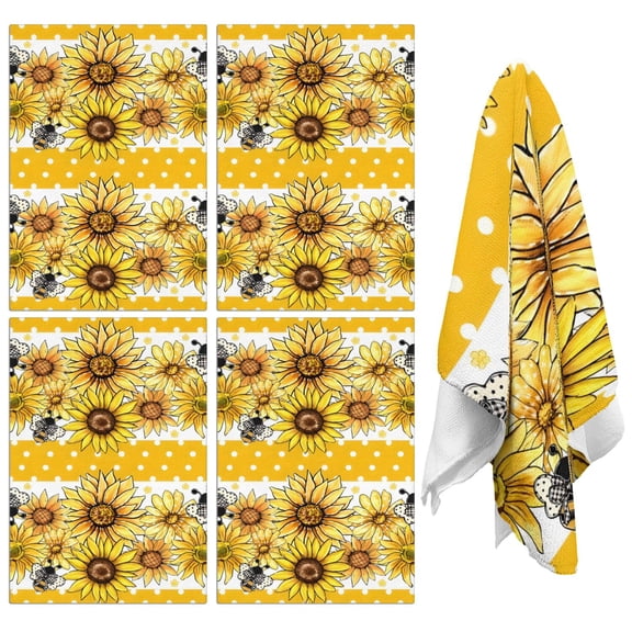 4 Pcs Funny Kitchen Towels,Yellow Dot Sunflower Bee Pattern Microfiber Dish Towels,Kitchen Tea Towels,Kitchen Towel Set (18" X 26")