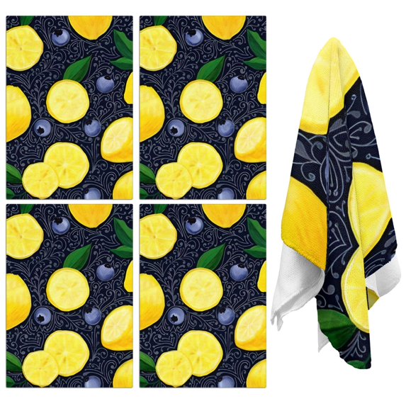 4 Pcs Funny Kitchen Towels,Yellow Lemon Blueberries DarkBlue Pattern Microfiber Dish Towels,Kitchen Tea Towels,Kitchen Towel Set (18" X 26")