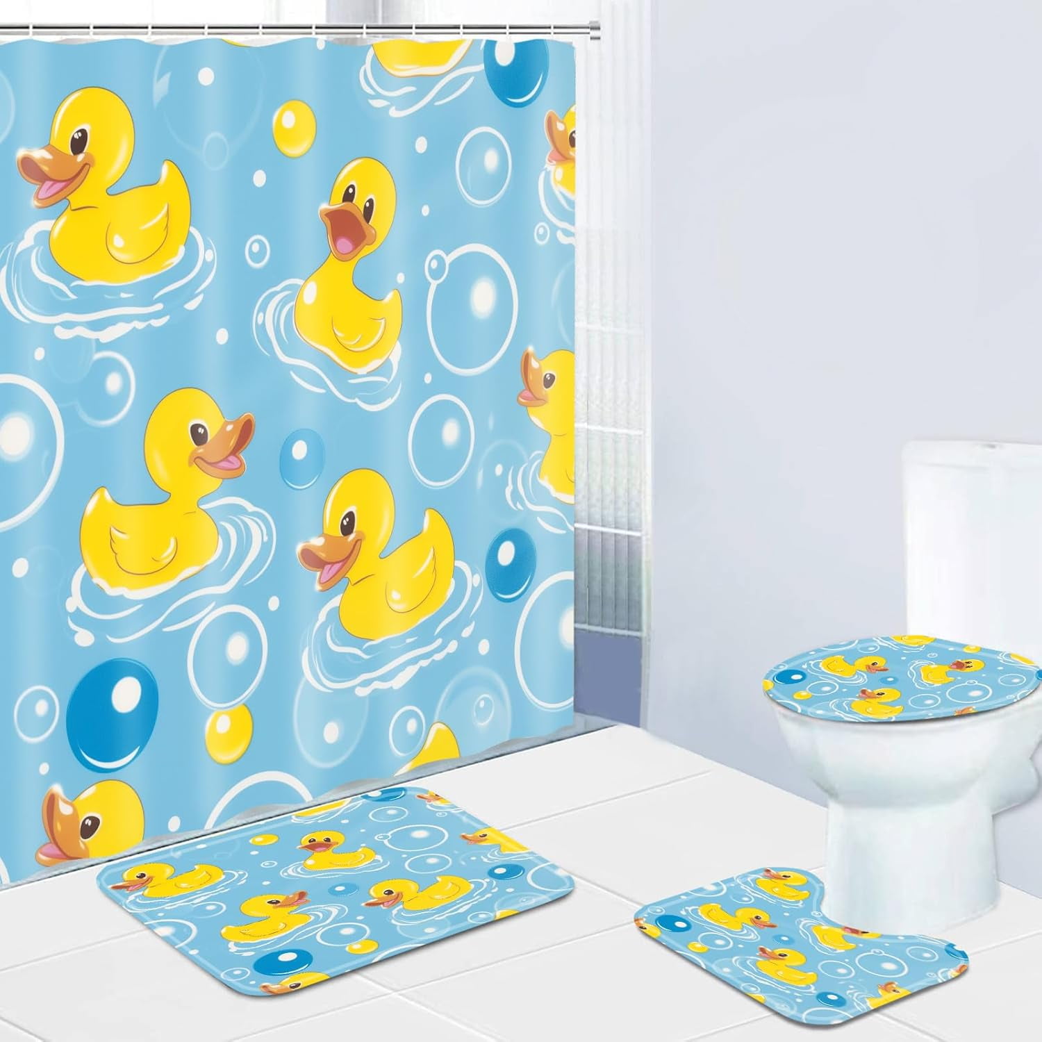 4 Pcs Funny Rubber Duck Shower Curtain Set Bathroom Sets with Waterproof Fabric Shower Curtain and Non-Slip Rugs Toilet Lid Cover Bath Mat Decor with Hooks(72x72 Inch)