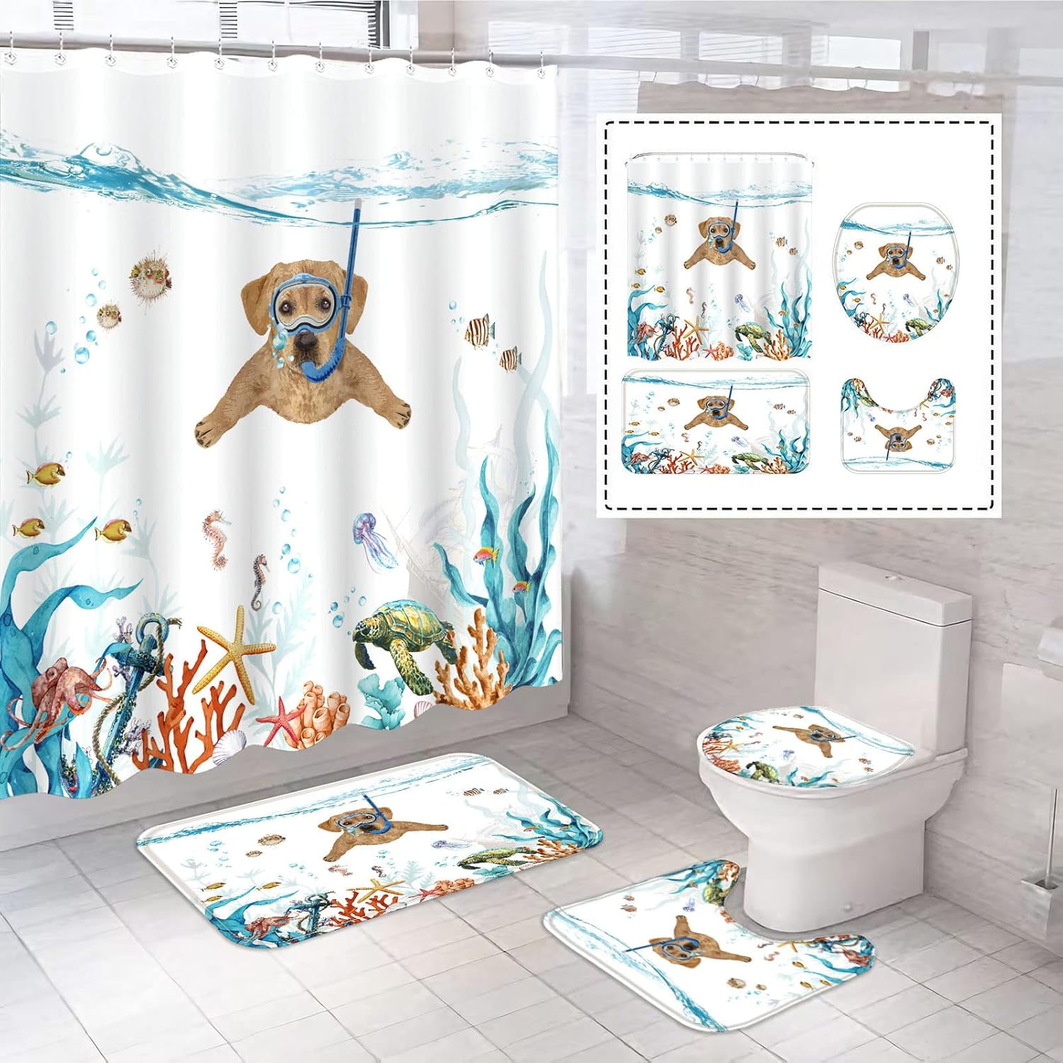 4 Pcs Funny Sea Turtle Shower Curtain Set with Rug Teal Blue Ocean