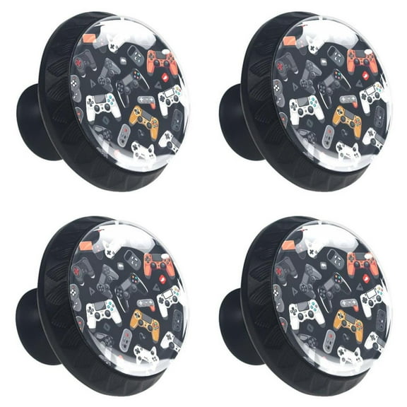 4 Pcs Game Console and Gamepad Print Cabinet Knobs 30mm Round Crystal Glass Drawer Handles Pulls with Screws for Kitchen Cupboard Wardrobe Closet Dresser, Home&Office