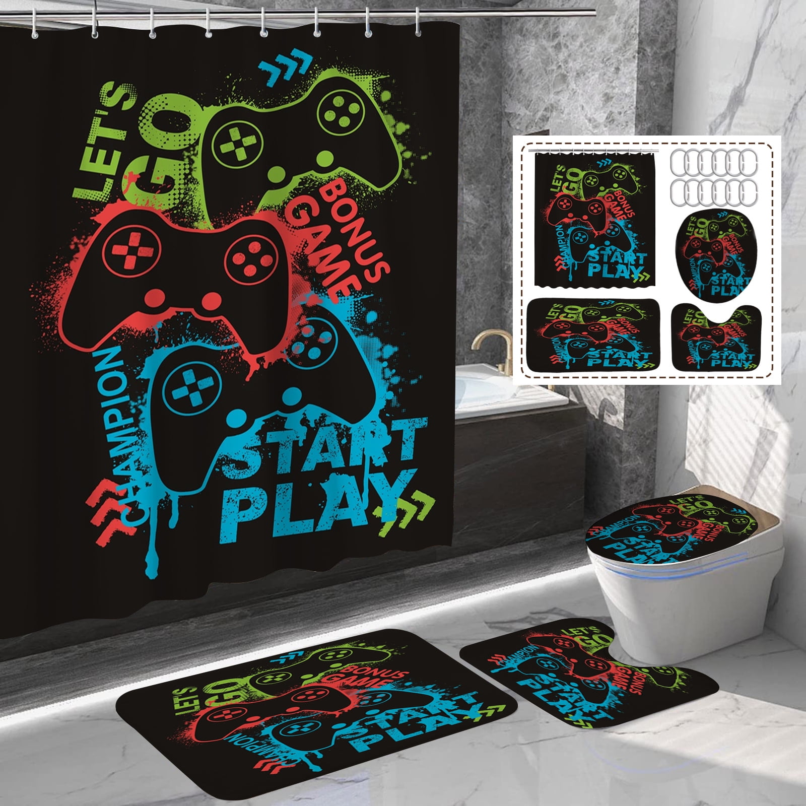 4 Pcs Game Shower Curtain Set with NonSlip Rugs,Toilet Lid Cover and