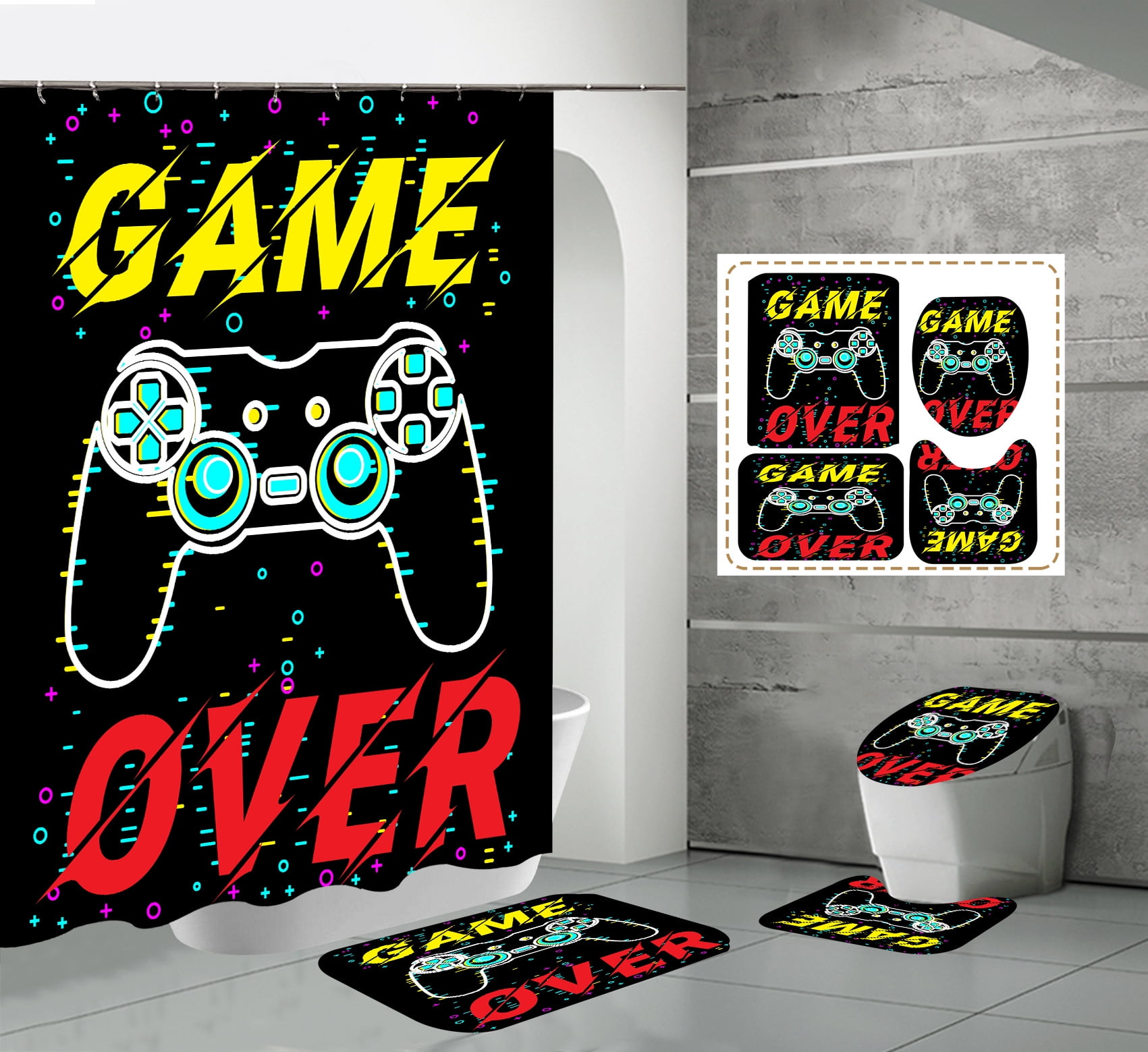 4 Pcs Game Shower Curtain Set with NonSlip Rugs,Toilet Lid Cover and