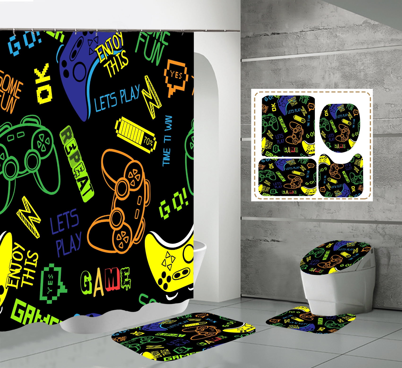 4 Pcs Gamer Bathroom Sets Gaming Shower Curtain Set Kids Boys Bathroom