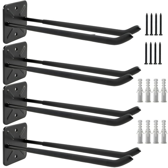 4 Pcs Garage Storage Hooks, 12" Heavy Duty Garage Wall Hooks, Dual Bracket Steel Tool Holders with Screws, Ideal for Organizing Various Tools in Garages