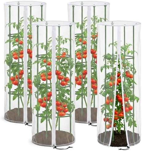4 Pcs Garden Bird Netting Cover for Round Tomato Cage, 59" x 18" Tomato Trellis Insect Barrier Protection Mesh, Plant Cage Garden Net Cover with Zipper for Vertical Climbing Plants Vegetables Fruits