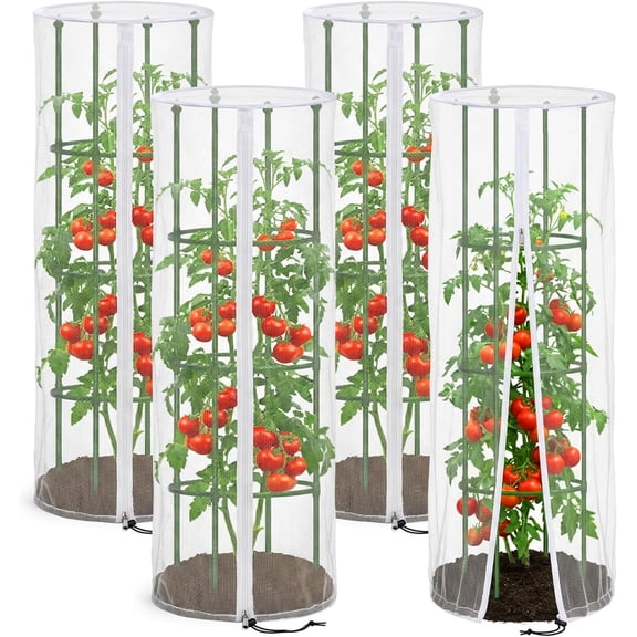 4 Pcs Garden Bird Netting for Round Plant Cage, 59" x 18" Tomato Cage Garden Net Cover with Zipper, Tomato Trellis Insect Bird Barrier Protection Mesh for Vertical Climbing Plants Vegetables Fruits