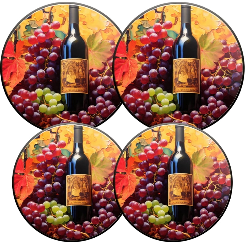 4 Pcs Gas Stove Burner Cap Set, Red Wine Bottle Glass Vine Leaf Durable Round Gas Stove Burner Covers Set of 4 for Kitchen Decor, 8 Inches and 10 Inches