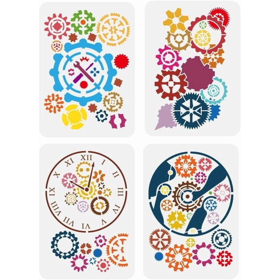 4 Pcs Gear Stencil 4 Styles Various Gear Patterns Painting Stencils 8.3x11.7 Steampunk Gear Clocks Drawing Large Stencils Reusable Bizarre Gear Templates for DIY Project Airbrush Craft