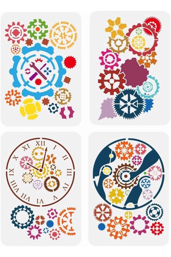 4 Pcs Gear Stencil 4 Styles Various Gear Patterns Painting Stencils 8.3x11.7 Steampunk Gear Clocks Drawing Large Stencils Reusable Bizarre Gear Templates for DIY Project Airbrush Craft