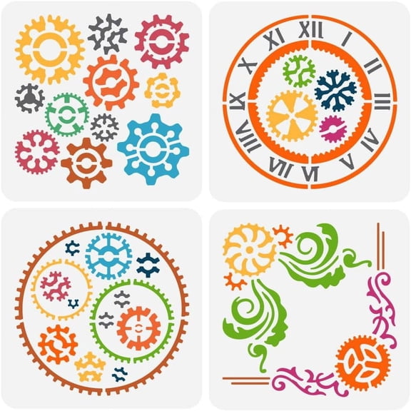 4 Pcs Gears Clock Stencil 5.9x5.9 inch/15x15cm Reusable Steampunk Gear Border Painting Template DIY Art Gear Pattern DIY Craft Stencil for Painting on Wood Wall Fabric Paper Furniture