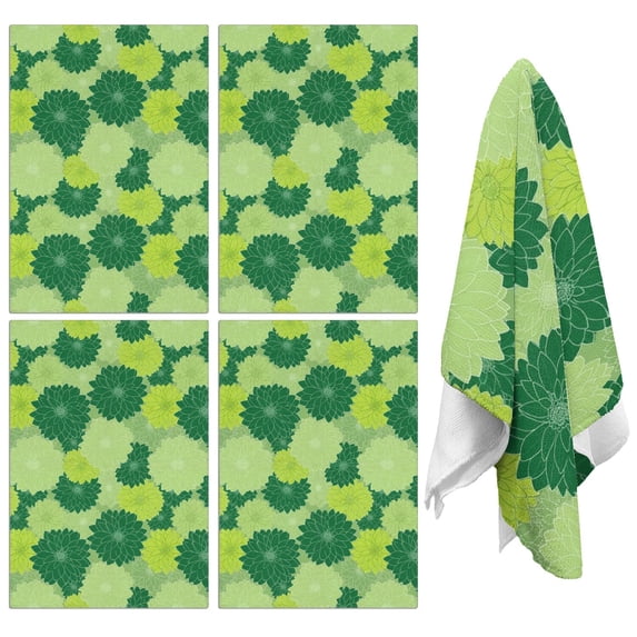 4 Pcs Geometric Flower and Dahlia Green Funny Kitchen Towels, Microfiber Dish Towels, Kitchen Tea Towels Set 18" X 26"