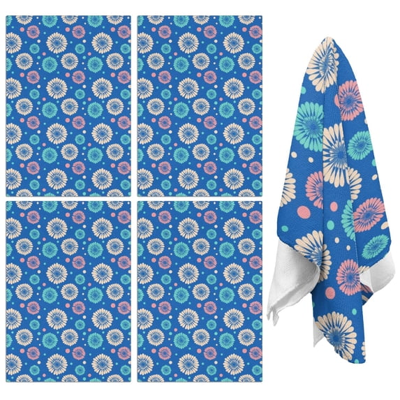4 Pcs Geometric Flower and Dot Blue Pattern Funny Kitchen Towels, Microfiber Dish Towels, Kitchen Tea Towels Set 18" X 26"