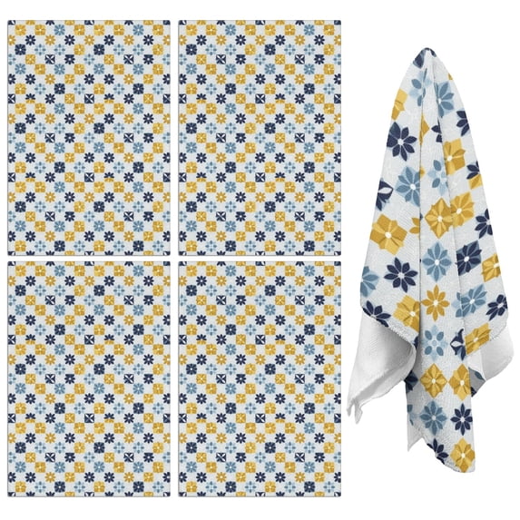 4 Pcs Geometric Flower and Tile White Pattern Funny Kitchen Towels ...
