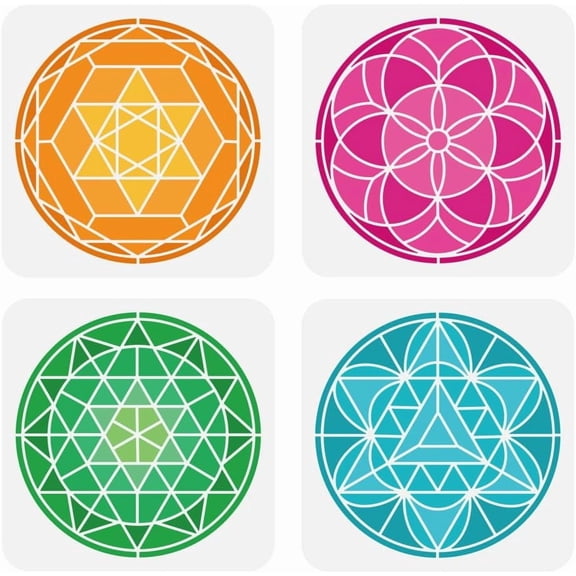 4 Pcs Geometric Flowers Painting Stencils 7.9x7.9" PET Flower of Life Spraying Stencils Reusable Grid Art Wall Stencil Geometric Themes Templates for DIY Scrapbook Photo AlbumMixed Color