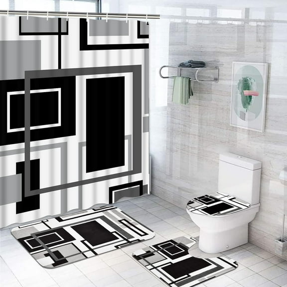 4 Pcs Geometric Shower Curtain Sets with Non-Slip Rugs, Toilet Lid Cover and Bath Mat, Abstract Geometric Modern Shower Curtain with 12 Hooks, Black and White Bathroom Set