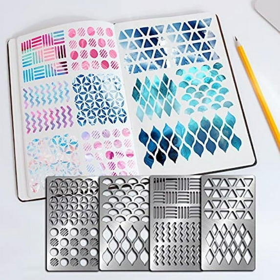 4 Pcs Geometric Theme Metal Journal Stencil Metal Painting Template Fish Scales Round Stainless Steel Multifunctional