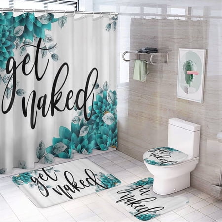 4 Pcs Get Naked Shower Curtain Sets Blue Flower Bathroom Decor Sets Include Non-Slip Rug Toilet Lid Cover Bath Mat